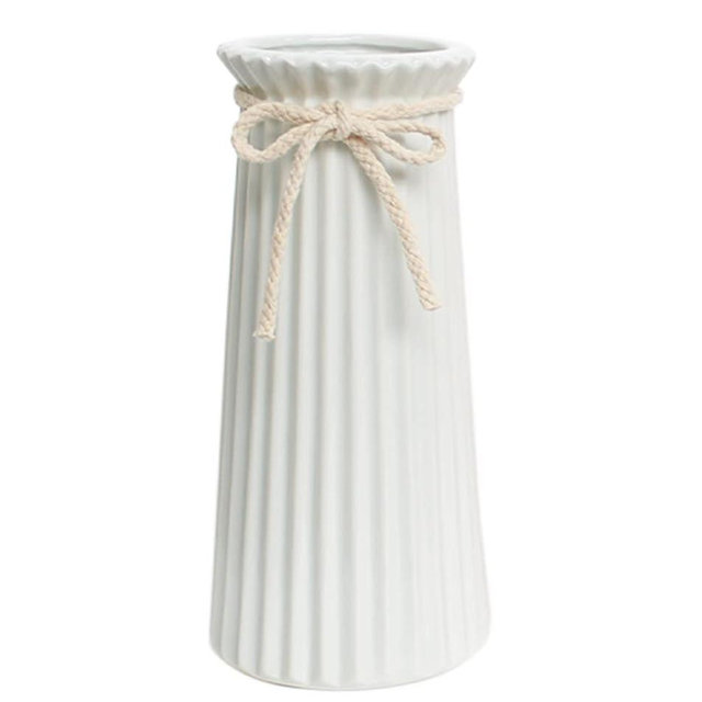 White Ceramic Vase for Flowers and Pampas Grass, Small Ribbed Vase in Modern Nordic Rustic Style for Home Decor, 7.5 Inch Decorative Table Vase for Centerpieces - Pure White