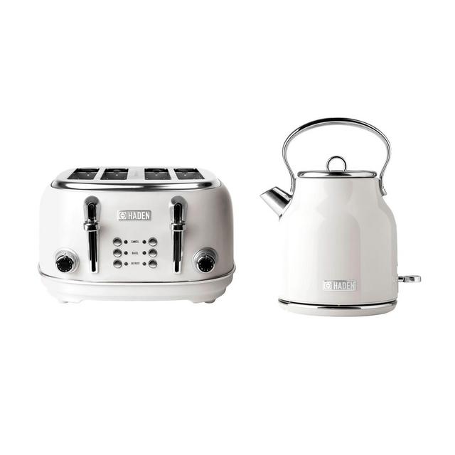 Haden Heritage 75012 1.7 Liter Stainless Steel Body Retro Electric Tea Kettle & Haden Heritage 75013 4 Slice Wide Slot Retro Toaster, Ivory White