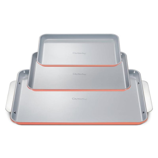 Caraway Non-Stick Ceramic Baking Sheet Trio - Naturally Slick Ceramic Coating - Non-Toxic, PTFE & PFOA Free - 18 x 13" Large, 15 x 10" Medium, & 9" x 13" Small - Perracotta