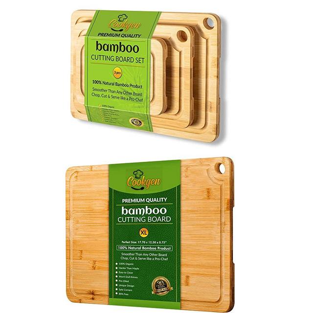 Cookgen Extra Large Bamboo Cutting Board "18 x 12.50" and Bamboo Cutting Board Set of 3 With Juice Groove