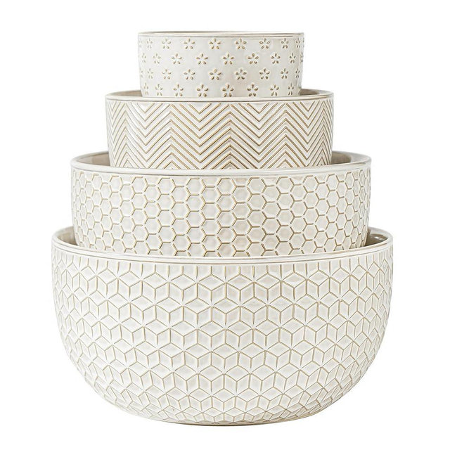 MIKIGEY Ceramic Mixing Bowls, Embossed Nesting Bowls, Mixing Bowl Set of 4, Mixing Bowls for Cooking, Baking, Serving, Popcorn, Salad etc, Microwave and Dishwasher Safe, 20/47/99/148 oz, Off-White