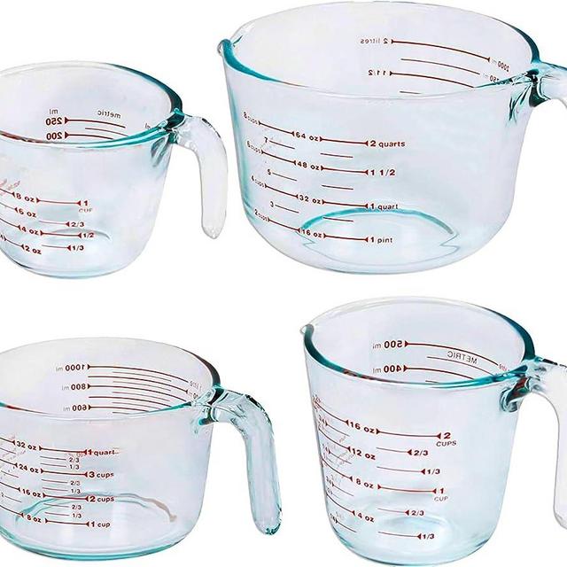 Set of 4 Glass Measuring Cups - Kitchen Mixing Bowl Liquid Measure Cup, Glass Tupperware Bakeware. 1 cup, 2 cup, 4 cup, 8 cup.