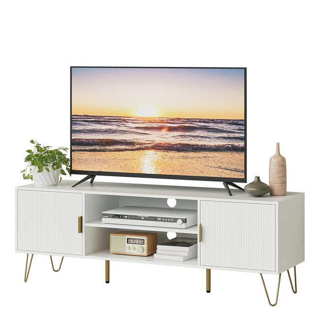 Apetaccat TV Stand for 55-65 Inch TV, Entertainment Center with Soft Hinge Door,TV Console Table with 2 Cabinets with Gold Handle and Feet,for Living Room, Bedroom, White
