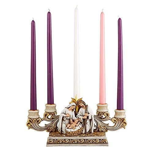 Needzo Advent Candle Holder, Gold Tone Holy Family Nativity Scene Centerpiece, Indoor Christmas Season Decoration, 11 x 6.5 Inches