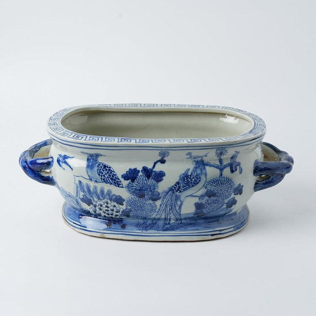 XIGGJYL JINDEZHEN Vintage Blue and White Flower & Birds Porcelain Footbath Planter Chinoiserie Scenery Motif Ceramic Flower Pot (Vintage Blue)