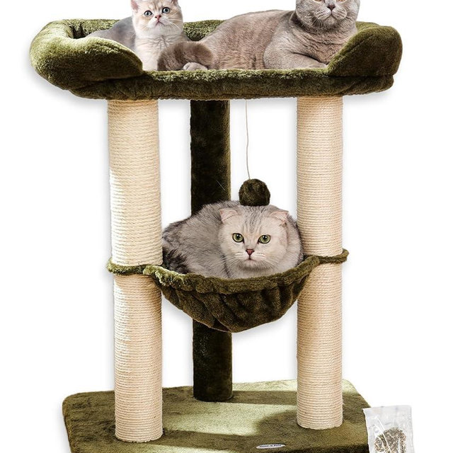 Happi N Pets 28" Cat Tree, Large Bed for Big Cats, Small Cat Tower with Soft Perch for Window Viewing, Stable Cat Tree Tower, Cat Scratching Post with Hammock, Removable Cover-Green