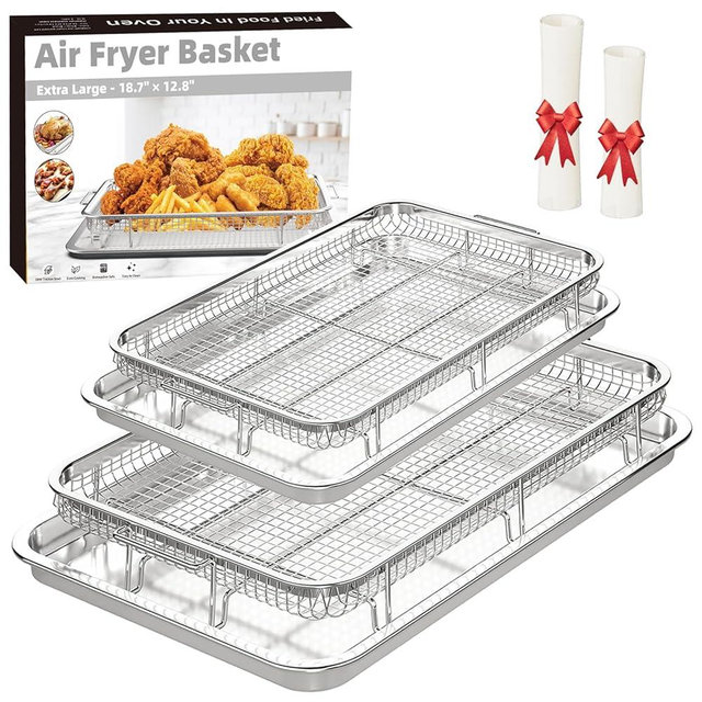 Air Fryer Basket for Oven, 2 Set Air Fryer Pan and Cripy Tray Set with 60 PCS Parchment Papers, THORSES Thickened Stainless Steel NonStick Air Fryer Basket and Pan (18.8"x12.8" & 15.7"x11.6")