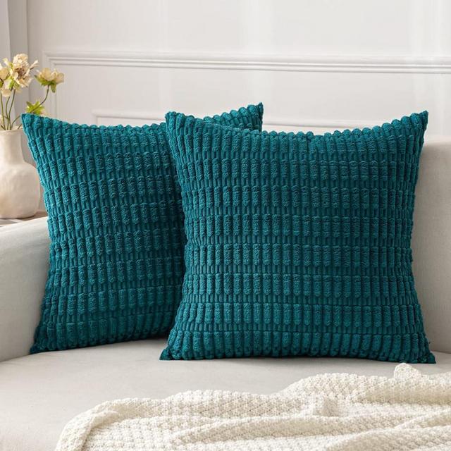 MIULEE Pack of 2 Corduroy Decorative Throw Pillow Covers 18x18 Inch Soft Boho Striped Pillow Covers Modern Farmhouse Home Decor for Sofa Living Room Couch Bed Teal