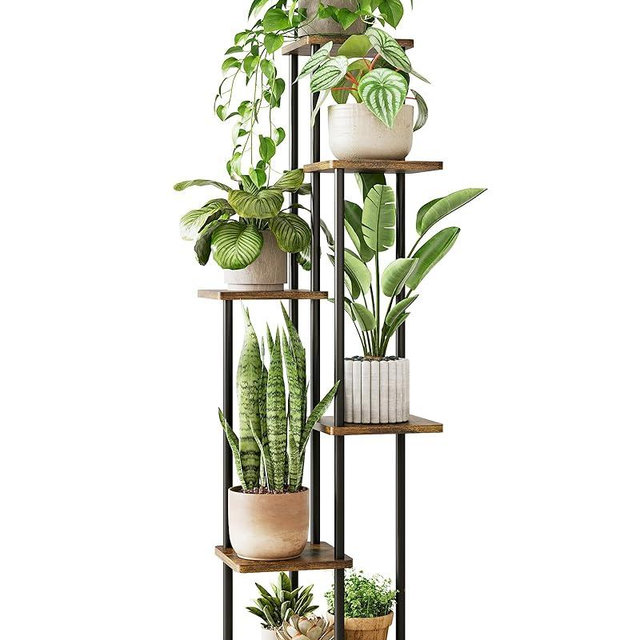 GENTINGBRO Corner Plant Stand Indoor 6 Tiered Tall Plant Stand Plant Shelf for Multiple Plants Coner Shelf Wood Plant Stands Metal Shelving for Living Room Bedroom Balcony Patio Brown Oak