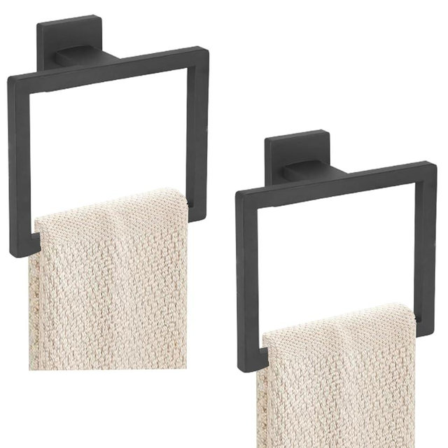 JOPOFI 2-Piece Towel Ring - Thicken SUS 304 Stainless Steel Towel Holder, Towel Racks for Bathroom, Square Modern Design Hand Towel Holder, Contemporary Hand Towel Bar - Matte Black