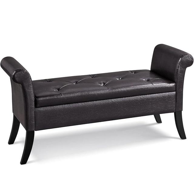 Yaheetech 52in Ottoman Bench Folding Storage Ottoman Bench Tufted Faux Leather Entryway Bench with Arms Footstool with Large Storage Foot Rest Seat Rolled Arms Cushioned Ottoman Dark Brown