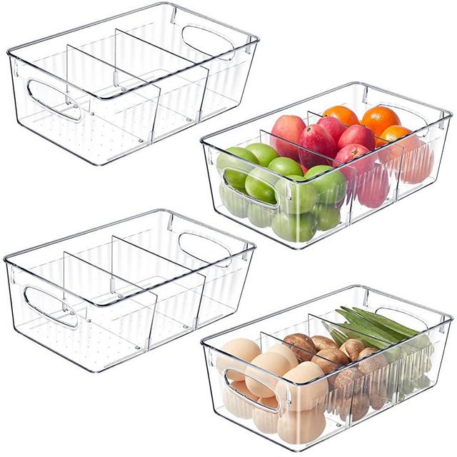 Kootek 4 Pack Clear Pantry Organization and Storage Bins, Freezer Organizer Bins Plastic Stackable Food Storage Organizer Bins with Handles Removable Dividers for Kitchen, Refrigerator, Cabinet