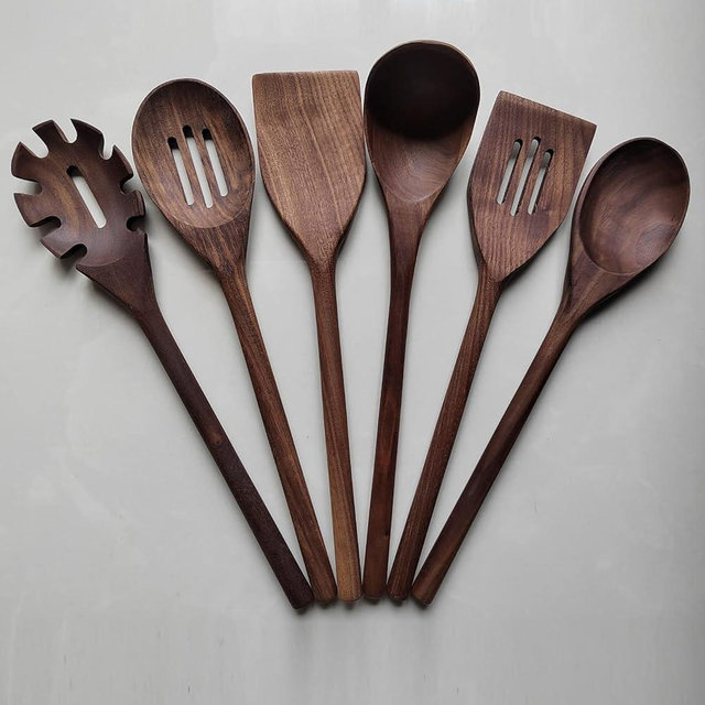 Fiunkes 6PCS Black Walnut Kitchen Utensil Set Kitchen Cooking Set Wooden Spatula Wooden Spoon Cooking Set for Stirring Mixing Serving Wooden Spoons for Cooking 14" Wooden Utensils for Cooking,6pcs