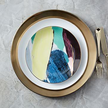Abstract Brushstroke Salad Plate - Green/Yellow/Gold