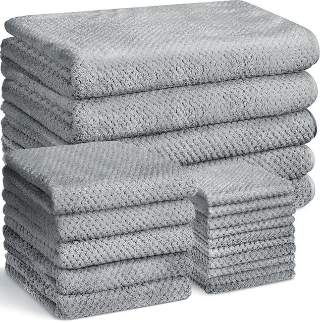 Mixweer 20 Pcs Bath Towels Quick Dry Towel Set Included 5 Bath Towels 5 Hand Towels and 10 Washcloths, Absorbent Bathroom Towel Set Coral Velvet Towel for Shower Spa Hotel (Light Gray)