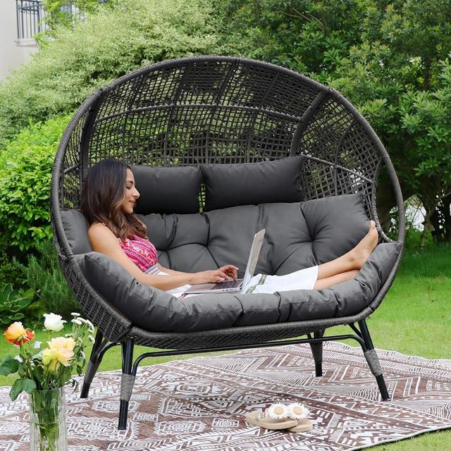 NICESOUL® Double Egg Chair Indoor Outdoor Stationary Oversized Thicken Padded Cushions, 2 Person Egg Loveseat Chair, 680 lbs Extra Large Lounge Chair for Patio Balcony Porch Backyard Gray, Xmas Gift