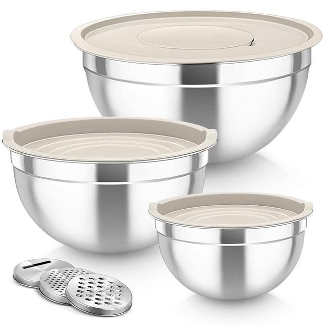 TeamFar Mixing Bowls, Stainless Steel Nesting Salad Bowls with Lids Set of 3 & 3 Grater Attachments, For Mixing/Serving/Storing, Non-toxic & Long-lasting, Size 4.6/3 / 1.5 QT, Khaki