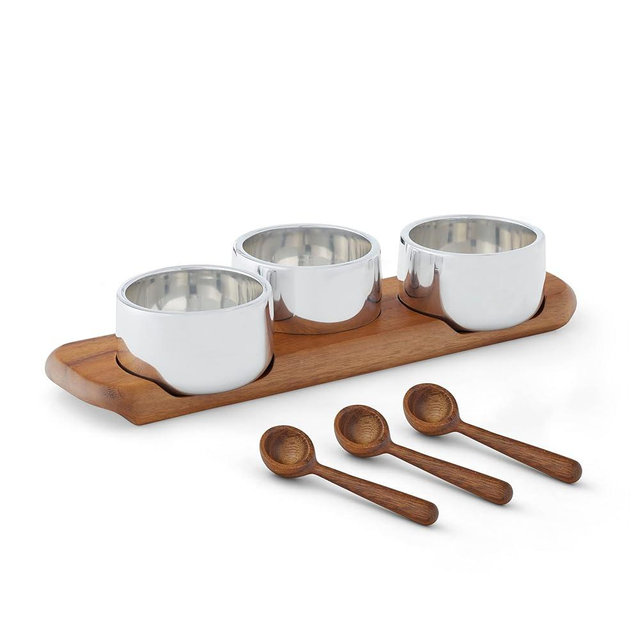 Nambe Triple Condiment Server with Spoons | Dipping Bowls and Tray for Condiments, Dips, Appetizers, and Snacks | Metal Alloy and Acacia Wood | Oven Safe