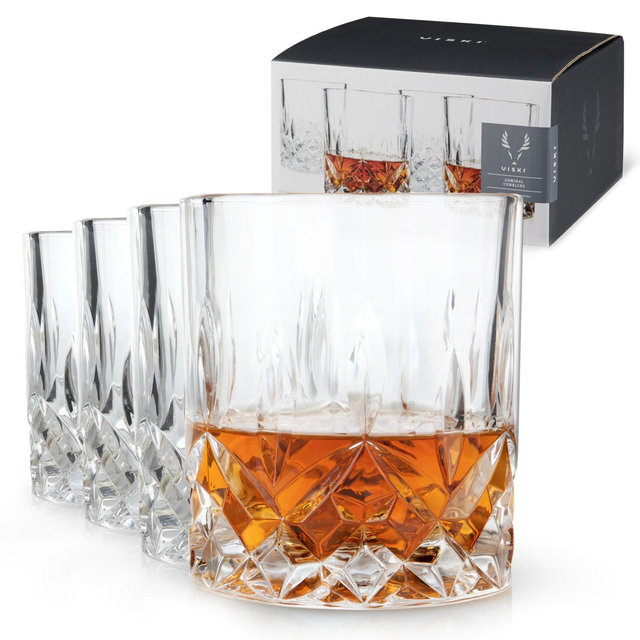 Viski Admiral Crystal Whiskey Tumblers Set of 4, Lead-Free Premium Crystal Clear Glass, Classic Lowball Cocktail Glasses, Scotch Glass Gift Set, 9 oz