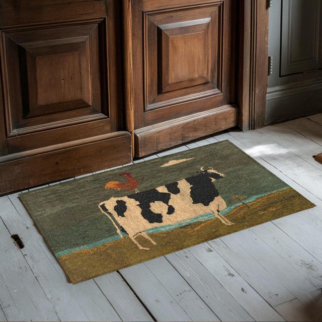 Folk Art Chicken and Cow Floor Rug - Primitive Design, Farmhouse Art, Handmade Floor Mat, Antique Decor, Farm Animals, Country Chic Style