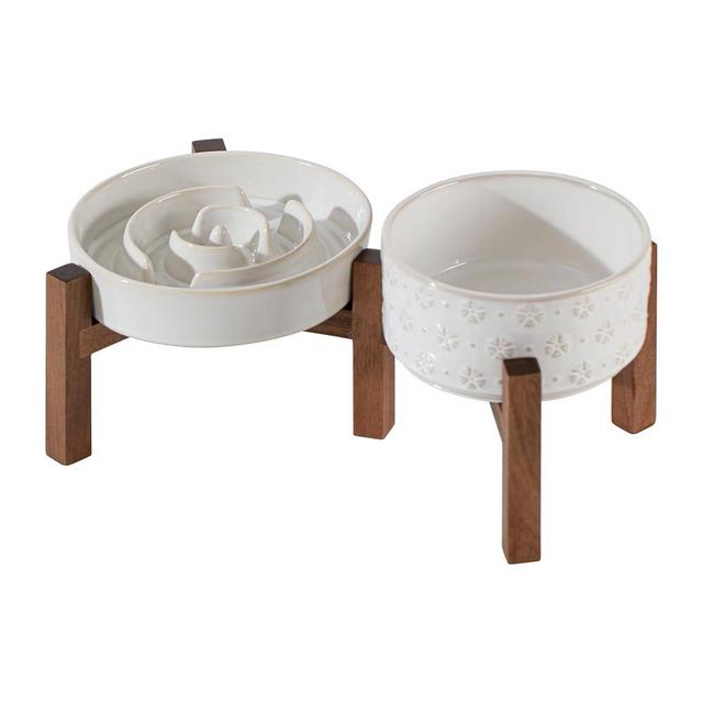 Havniva Ceramic Raised Slow Feeder Dog Bowl Set, Elevated 6.1inch Bowl and 7.3inch Dish with Acacia Wood Stand for Small and Medium Dog(2X Reactived Glaze -White+ Stand)