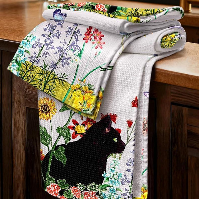 Miss Adola 2pcs Waffle Kitchen Towels - 16x26 Inch Cotton Waffle Weave Dish Cloths Set of 2 with Hanging Loop Absorbent Hand Tea Towels Cute Design for Housewarming Gift, Cat in Flowers