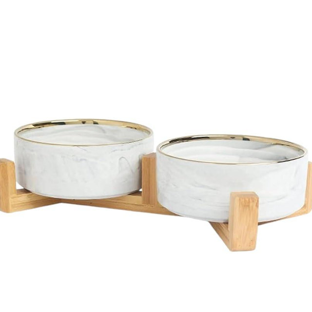 Ceramic Pet Bowl (Marble Design) Set of 2 with Stand, 2cups and 4 Cups Capacity (Marble Grey w/Gold, Small, 2 Cups per Bowl)