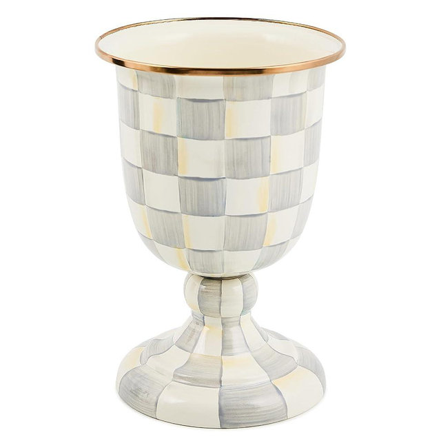 MACKENZIE-CHILDS Pedestal Vase, Decorative Centerpiece and Flower Holder, Gray-and-White Sterling Check