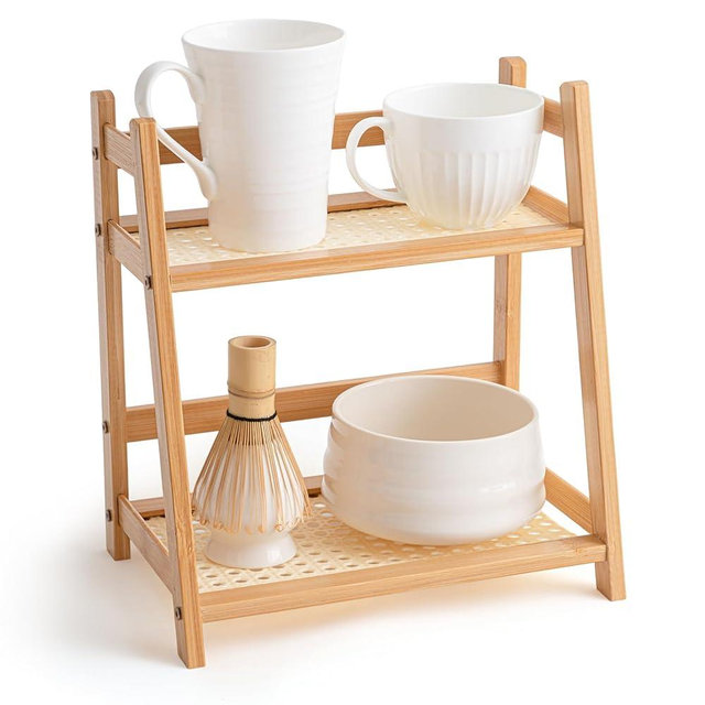 Yalikop 1 Pcs 2 Tier Matcha Station Shelf Bamboo Coffee Mug Stand Countertop Storage Rack, Double Layer Rattan Office Cup, Kitchen, Tea, Plant, Bar Accessories Condiment Display(Wood,10.2 Inch)