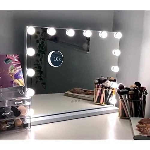 Hansong Vanity Makeup Mirror with Lights,Hollywood Lighted Mirror with 14 pcs Dimmable Led Bulbs for Dressing Room & Tabletop Mirror or Wall Mounted,Detachable 10X Magnification Spot Mirror