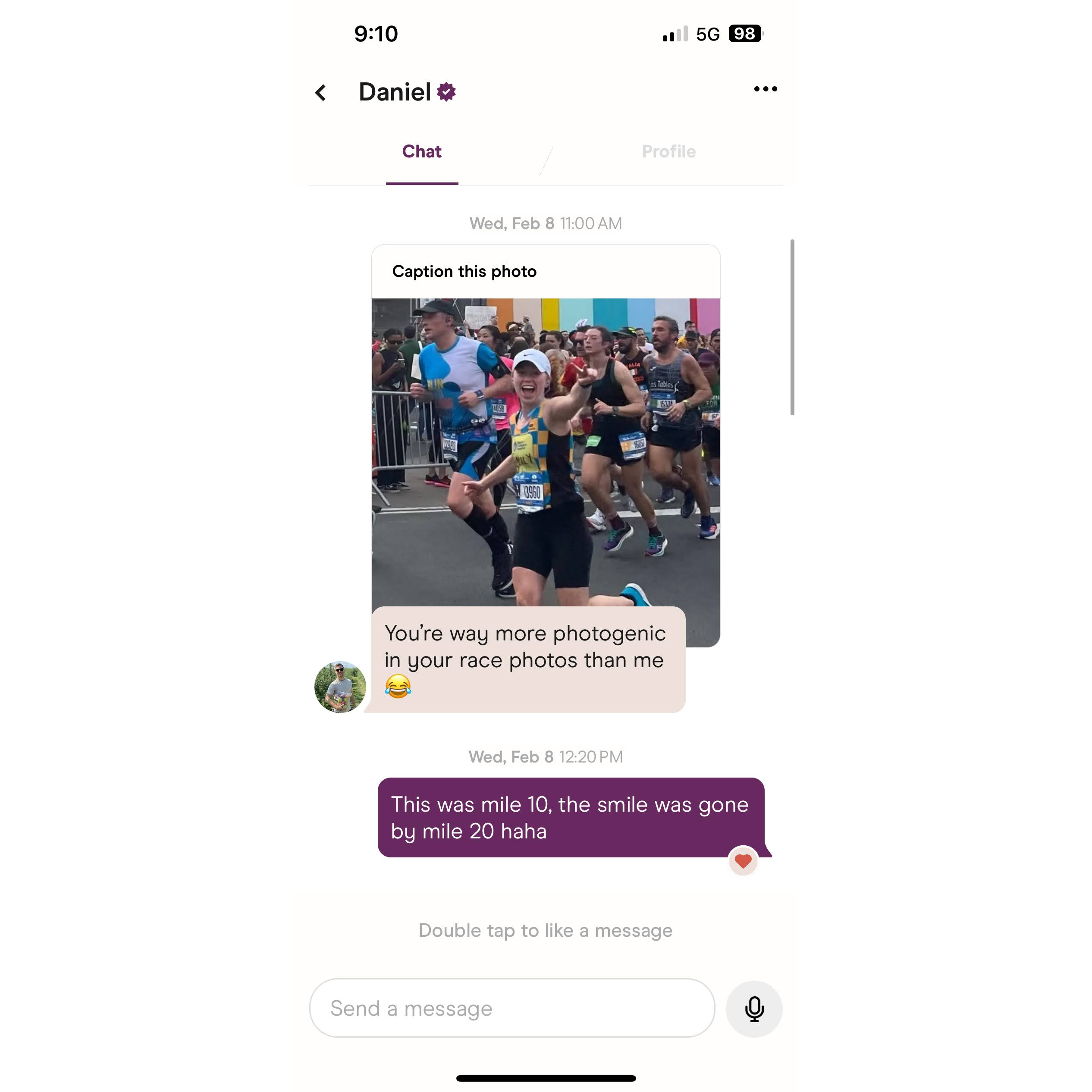 February 2023 — We met on Hinge. Daniel messaged Emily about her NYC Marathon photo—because running 26.2 miles screams long-term potential.