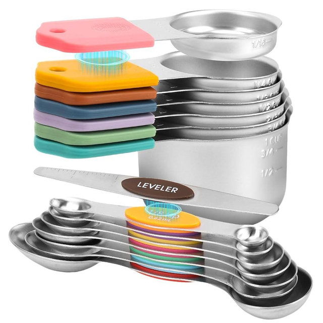Magnetic Measuring Cups and Spoons Set, Set of 15 Stainless Steel Nesting Cup and Spoons with Leveler, Double Measurement Markings for Dry & Liquid Ingredients, Dishwasher Safe, Colorful
