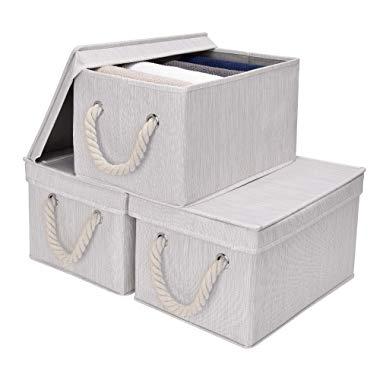 StorageWorks Storage Bins with Lids, Decorative Storage Boxes with Lids and Cotton Rope Handles, Mixing of Beige, White & Ivory, Large, 3-Pack