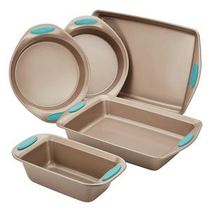 Rachael Ray Cucina Nonstick Bakeware 5-Piece Set, Latte Brown with Agave Blue Handle Grips