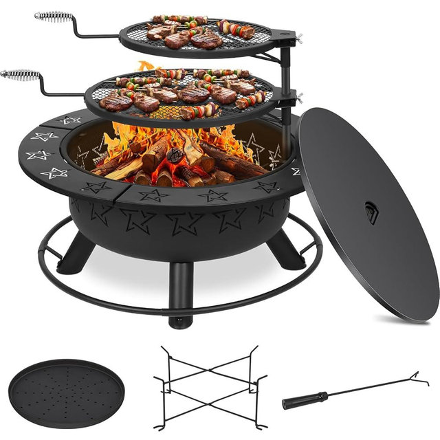 Gbekery 32.5" 3-in-1 Fire Pit Table with Dual Grills – Wood Burning Firepit for Outside Cooking, BBQ Grate & Round Patio Table – Includes Charcoal Pan, Log Rack,Poker & Lid for Backyard, Garden