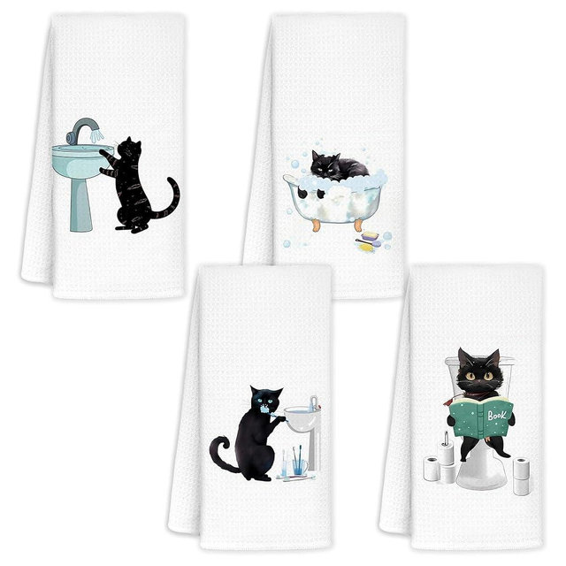 Jvpke Funny cat Hand Towel for Bathroom Set of 4 - Black Cat Decor, Cat Towels for Cat Lovers, cat Lover Gifts for Women, Cat Bathroom Decor, Black cat Gifts for Women cat Lovers, 16x24