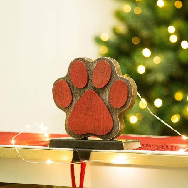 Glitzhome 6.3" H Christmas Paw Stocking Holder for Fireplace Mantel Stand Hanger Sturdy Wooden/Metal Xmas Seasonal Home Party Decoration