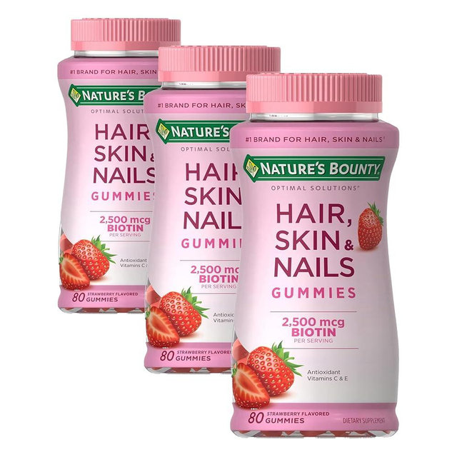 Nature's Bounty Optimal Solutions Hair, Skin & Nails Vitamin Gummies with Biotin, 2500 mcg, Strawberry, 80 Count, 40 Total Servings (Pack of 3)