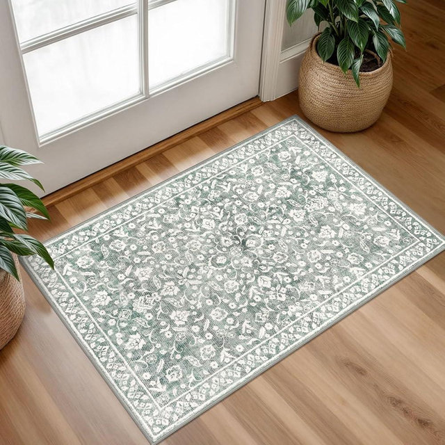 SILOLOOM Vintage Washable Rug 2x3, Sage Green Grey Small Area Rugs for Entryway, Floral Super Soft Kitchen Rugs, Low-Pile Throw Rugs Indoor Door Mat Thin Print Faux Wool Carpet for Entrance, Office