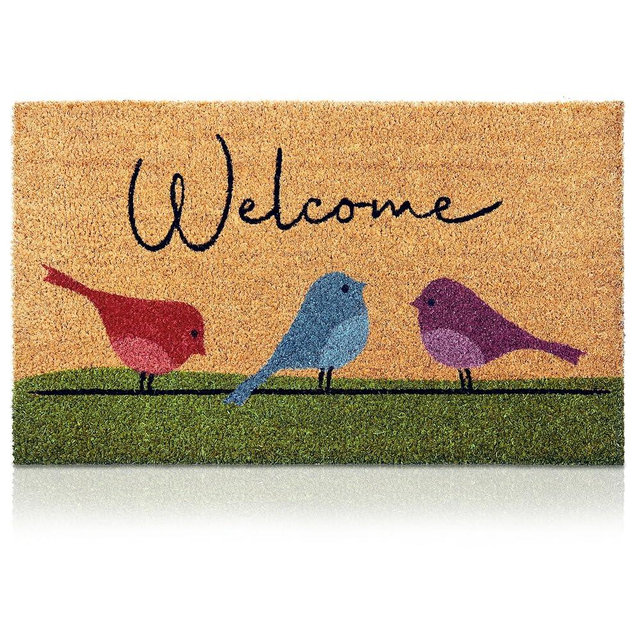 Colorful Birds - 24"x36" - Coir Door Mat with Heavy Duty Backing - Welcome Mats for Entryway, Porch - Anti-Slip PVC & Coconut Fiber Surface - Natural Home Accessories, Minimalist Original Design