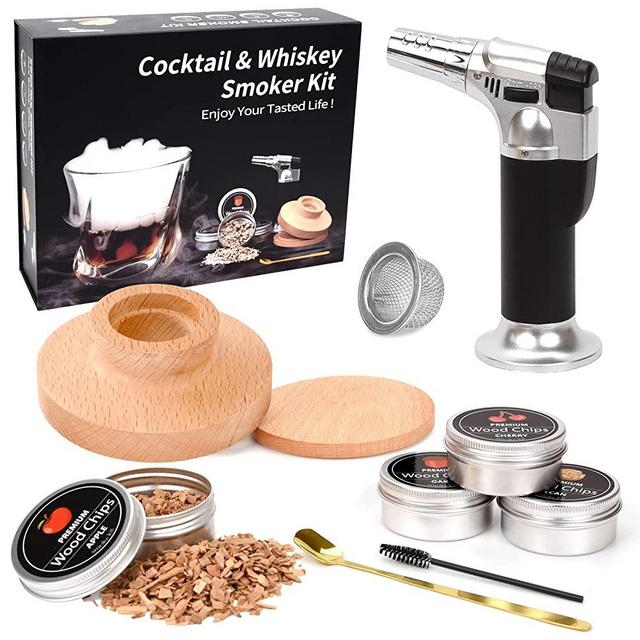 Cocktail Whiskey Smoker Kit with Torch, Old Fashioned Bourbon with 4 Flavored Smoking Wood Chips, Drink Smoker Infuser Kit Gifts for Cocktail Lovers, Men, Dad, Husband, Boss, boyfriend (No Butane)