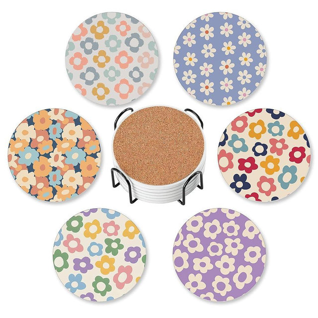 Drink Coasters for Drinks Set of 6, Vintage Groovy Flowers Absorbent Round Ceramic Stone Mat Coaster, with Cork Base and Metal Holder, Home Bar Decor House Warming Gift