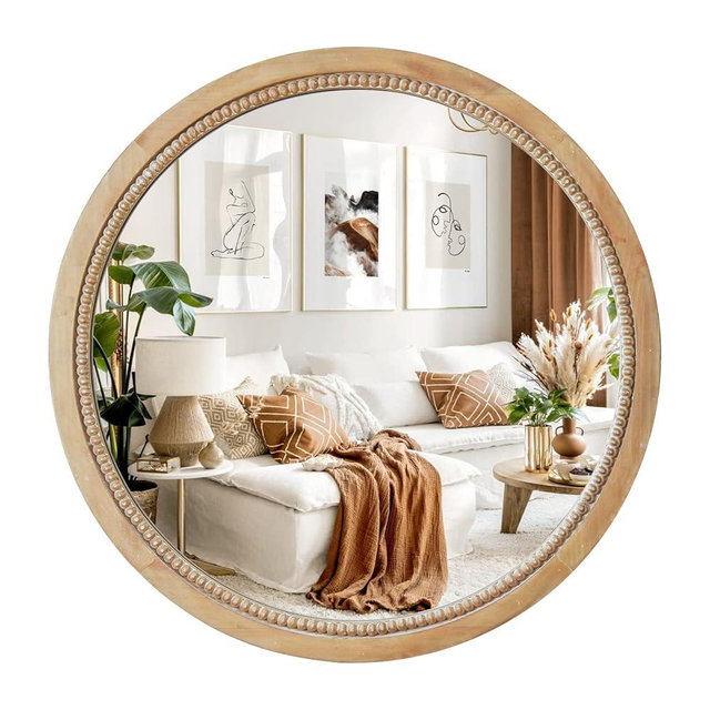 Sawsile Round Decorative Circle Farmhouse Style Mirror - 24inch Rustic Natural Wooden Frame Beads for Bedroom, Bathroom, Living Room or Entryway