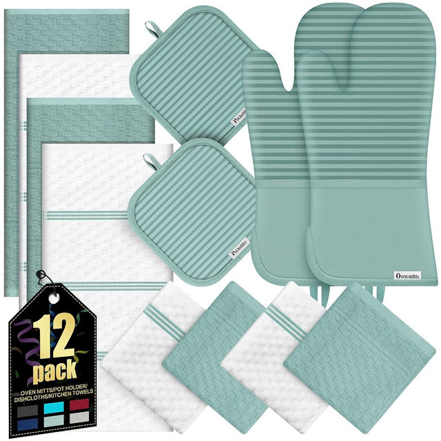 Oven Mitts Kitchen Towels and Dishcloths with Pot Holders Sets, Oven Gloves Hot Pads 500°F Heat Resistant with Silicone Grip, Include 2 Cooking Gloves/2 Potholders/4 Kitchen Towels/4 Dish Towels
