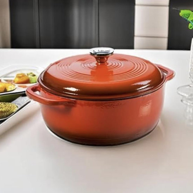 Lodge 6 Quart Enameled Cast Iron Dutch Oven with Lid – Dual Handles – Oven Safe up to 500° F or on Stovetop - Use to Marinate, Cook, Bake, Refrigerate and Serve – Poppy