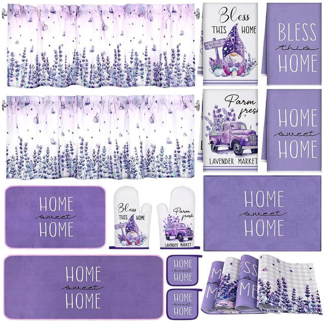 16 Pcs Lavender Kitchen Decor Set 4 Purple Kitchen Towels 4 Lavender Placemats 2 Non Slip Rugs and Mats for Floor 2 Spring Oven Mitts Gloves 2 Pot Holders 2 Floral Curtains for Home Decoration Gift