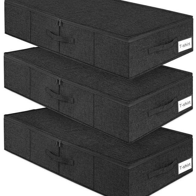 Under Bed Storage Container, 3 Pack Underbed Storage Bags With Lid, Foldable Sturdy Clothes Storage Organizer W/ 3 Handles, Ultra Thick Fabric Blanket Shoe Storage Box, 30x15x6.7inch, Black, 50L