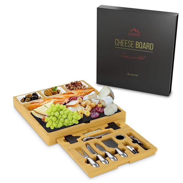 RedRocks Cheese Board and Knife Set 15 x 14 x 2 Inch With Slate and Hidden Slid-Out Drawer, 100% Organic Durable Hevea Wood, Perfect for Entertaining or Gift Giving
