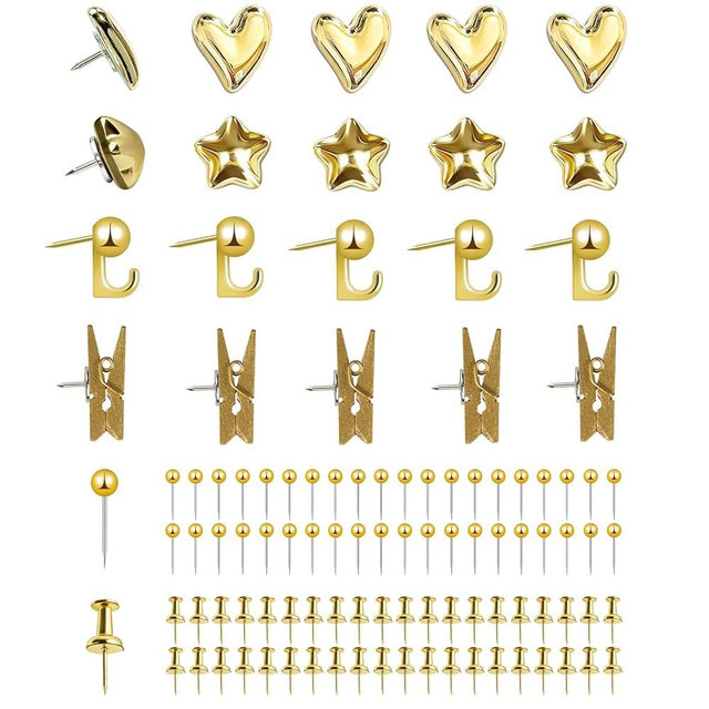 KEYDUACU 100 Pcs Gold Push Pins Set, Metal Thumb Tacks, Decorative Push Pins for Cork Board with Hook Clip, 6 Style Office Accessories for Map