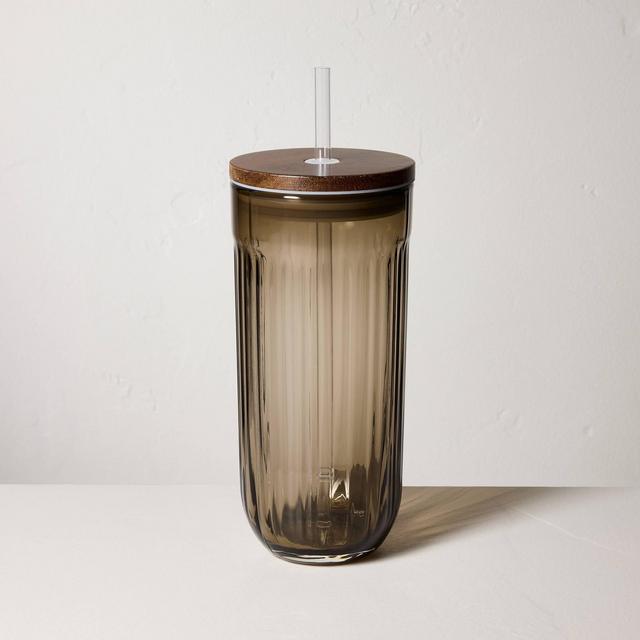 21oz Fluted Glass Tumbler with Wood Lid Brown - Hearth & Hand™ with Magnolia